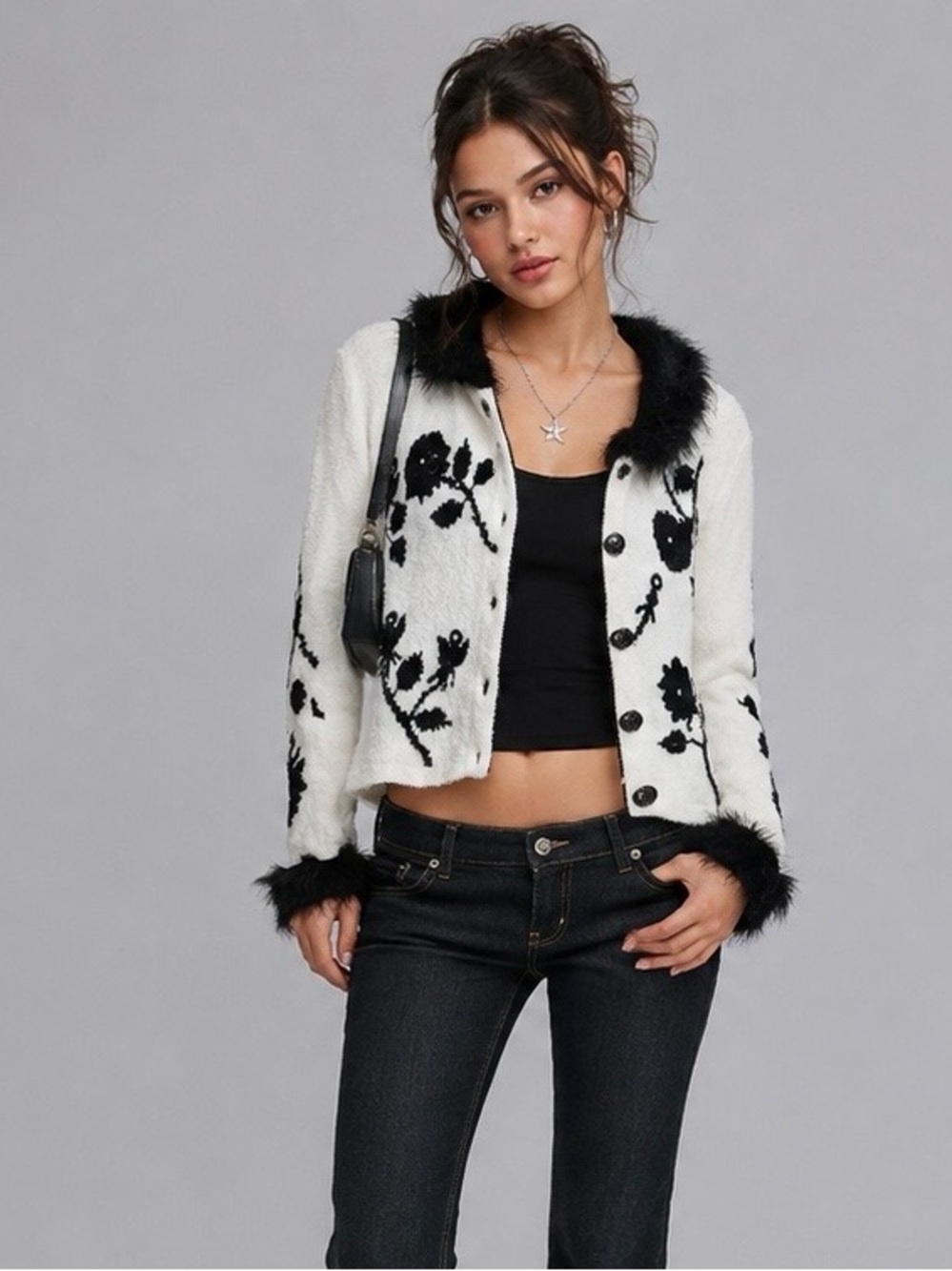 Yk2 Berek Takako Sakon Women’s S Black White Floral Faux Fur Trim Cardigan